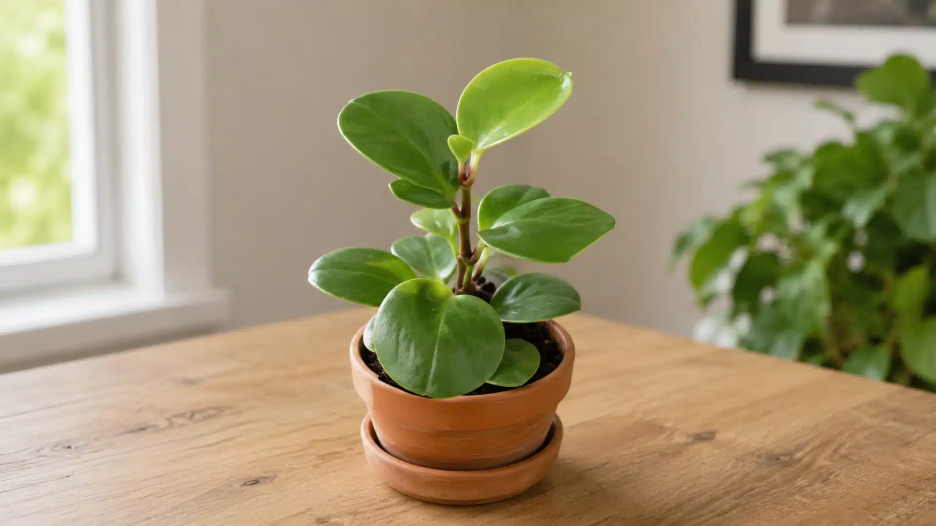 Baby rubber plant in terracotta pot on wooden table near bright indoor window