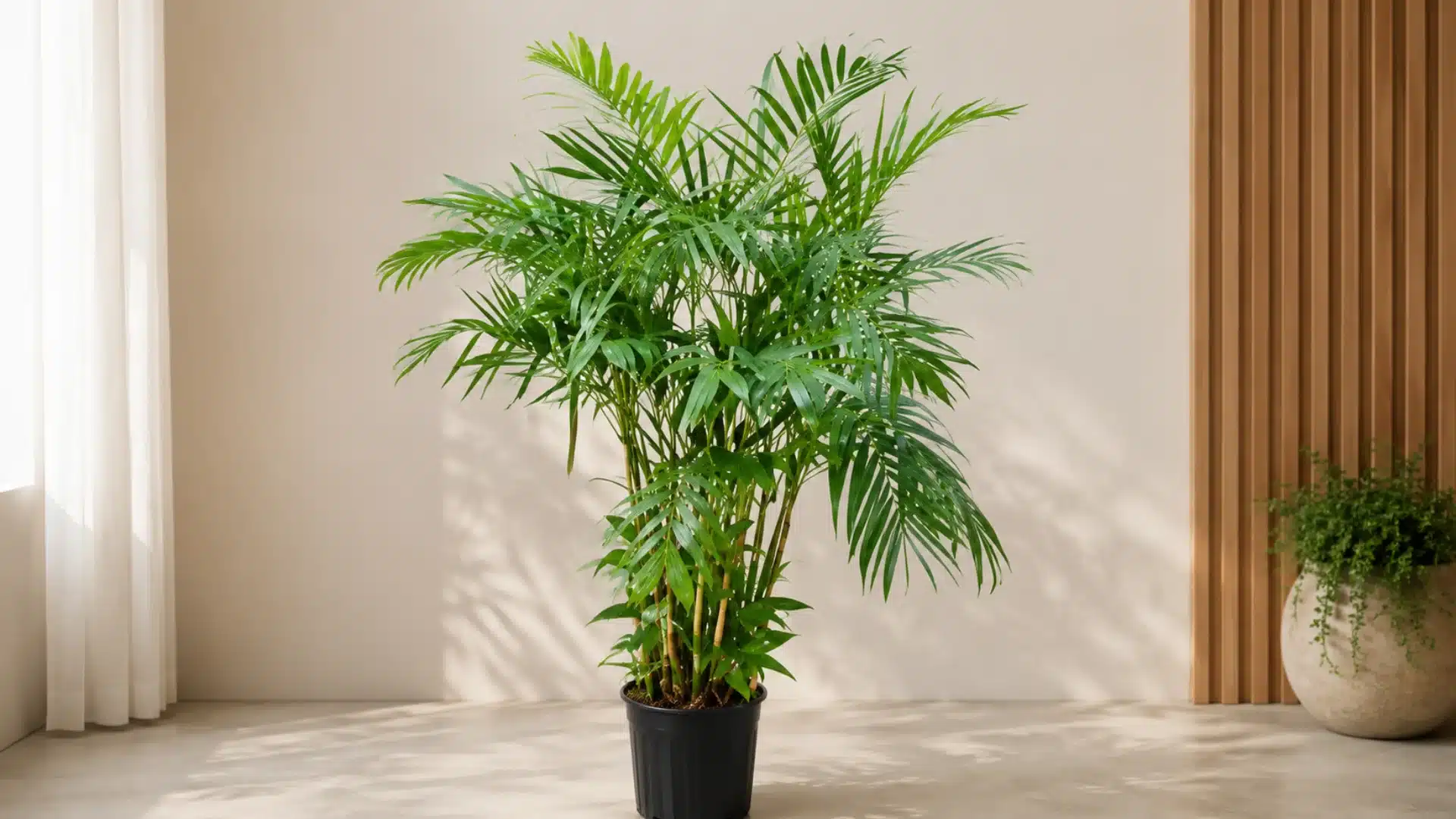 Bamboo Palm in black pot with soft indoor background and natural light in modern interior