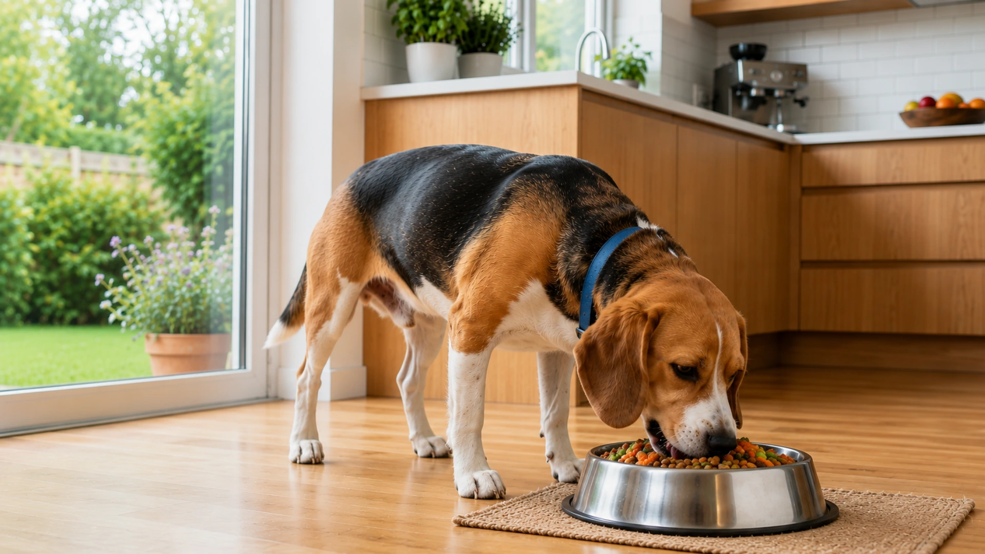 Beagle eating dog food in kitchen during diet change that may affect digestion and stool color