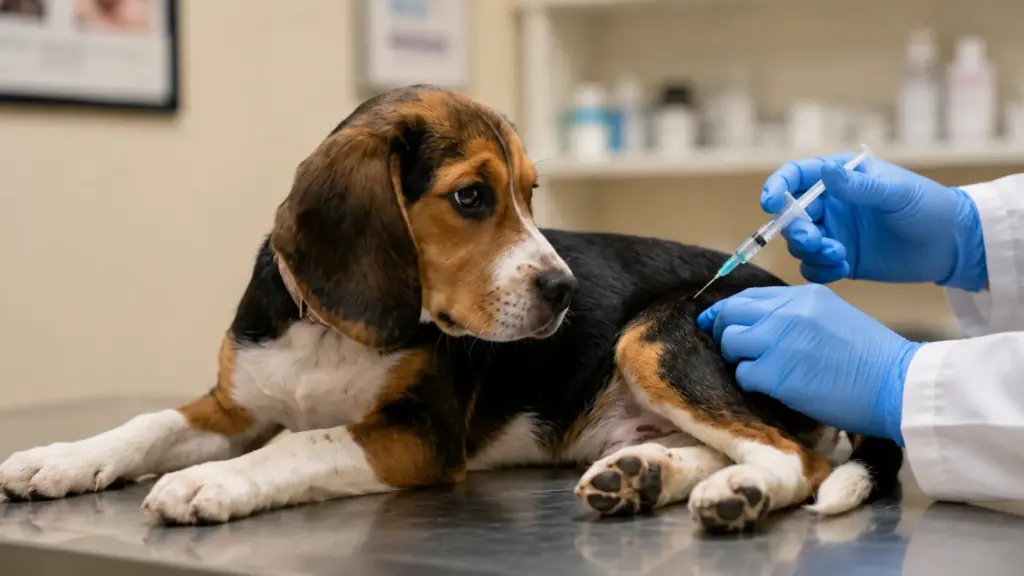 Beagle puppy getting a vaccine from a gloved veterinarian during a clinic checkup on exam table