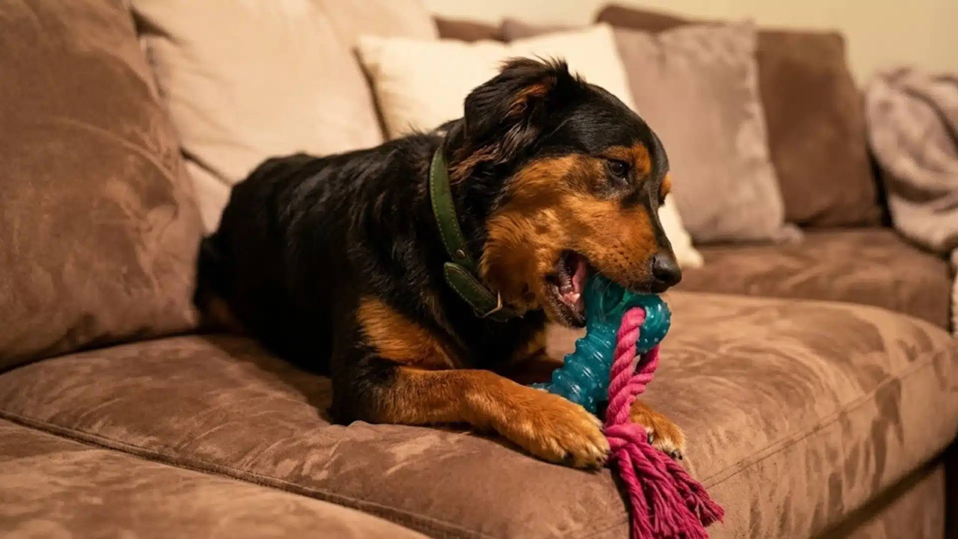 Black and brown puppy chewing a rope toy while lying on a couch indoors during playtime at home