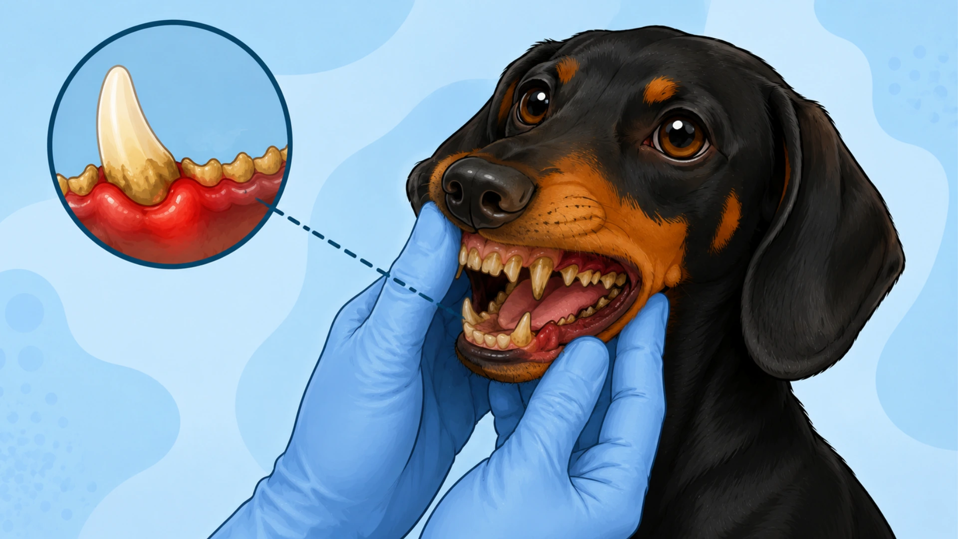 Black and tan dachshund having a dental checkup with gum and tooth disease inset on a blue background