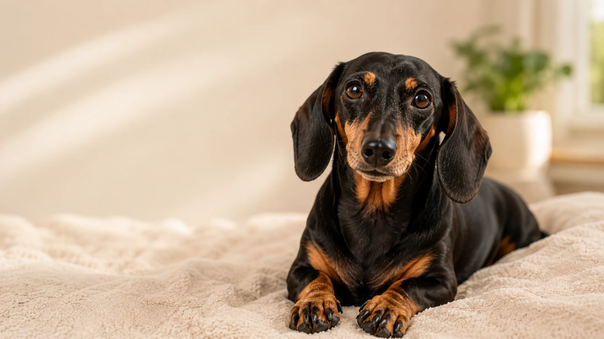 Black and tan dachshund lying on a soft beige blanket indoors with warm natural lighting and a blurred home background