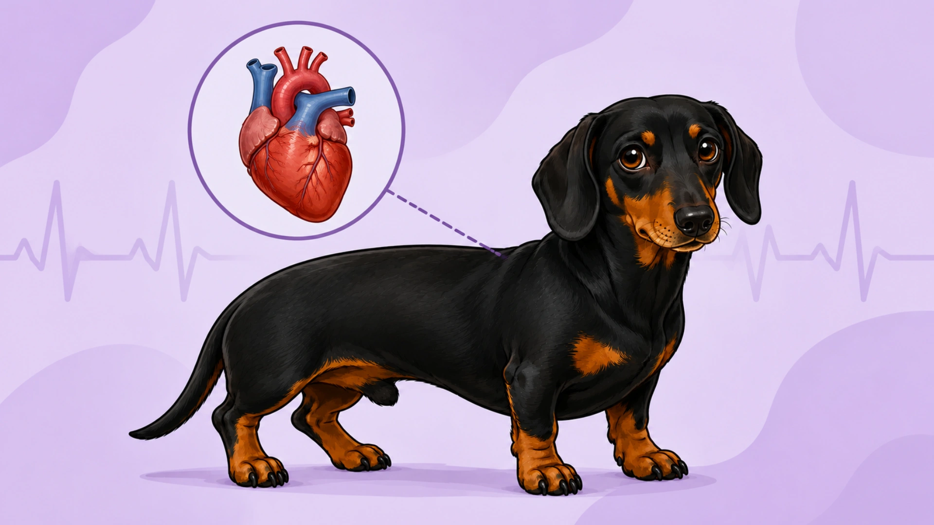 Black and tan dachshund with a heart health illustration and heartbeat line on a purple background