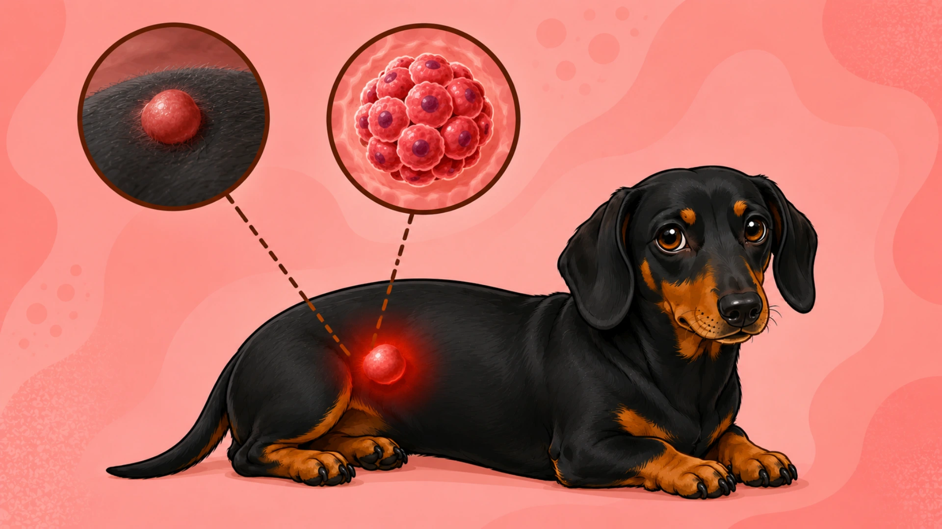 Black and tan dachshund with highlighted skin lump and cancer cell insets on a coral background
