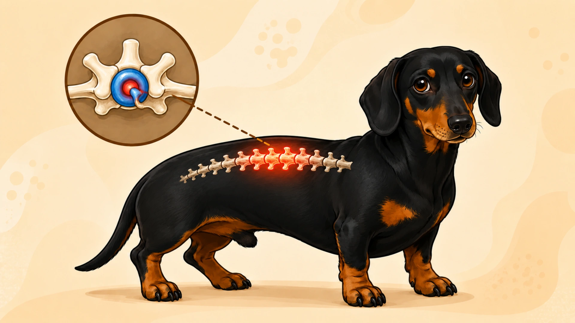 Black and tan dachshund with highlighted spine pain and a disc illustration on a warm orange background