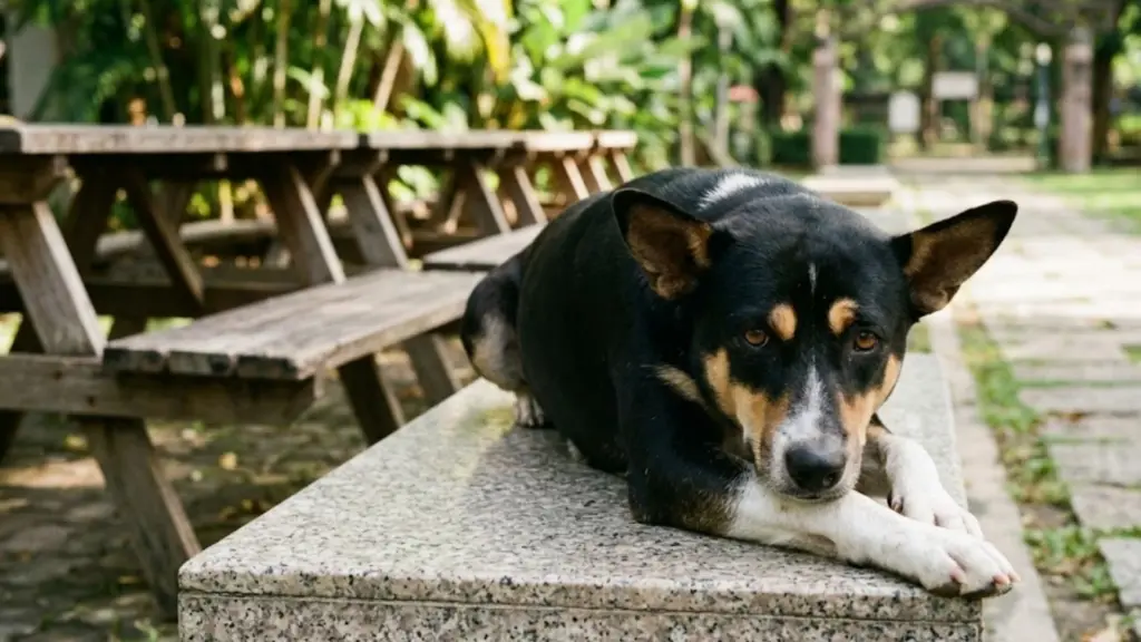 Black and tan dog lying on a stone bench, looking tired and unwell, showing signs of nausea in dogs