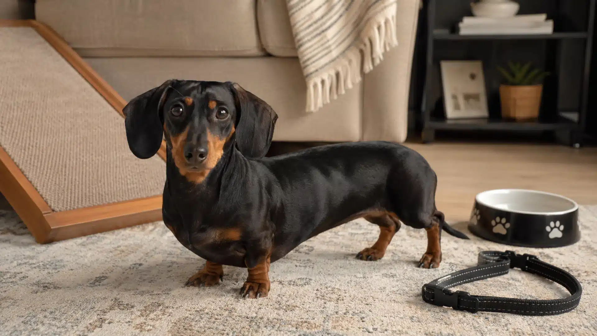 Black and tan smooth-haired dachshund standing on a rug in a cozy living room beside a pet ramp and bowl