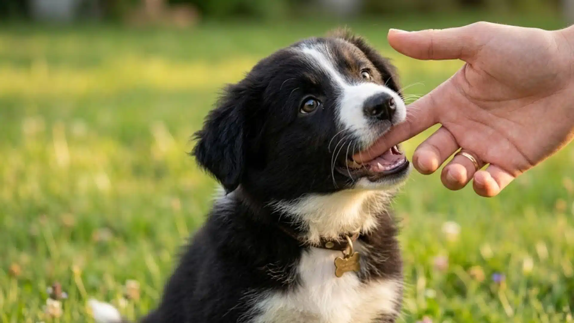 Black and white puppy gently biting a person's finger while sitting on grass during outdoor playtime