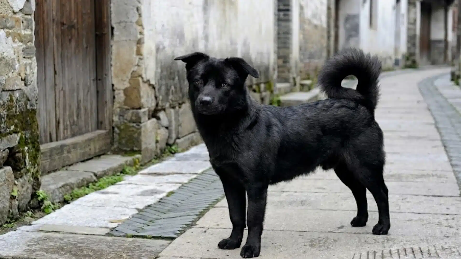 Black mixed breed dog standing on narrow stone street between old village houses outdoors