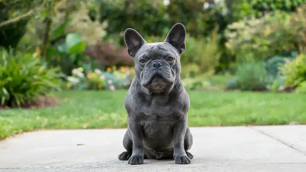 Blue French Bulldog sitting on a concrete path with a blurred green garden background outdoors