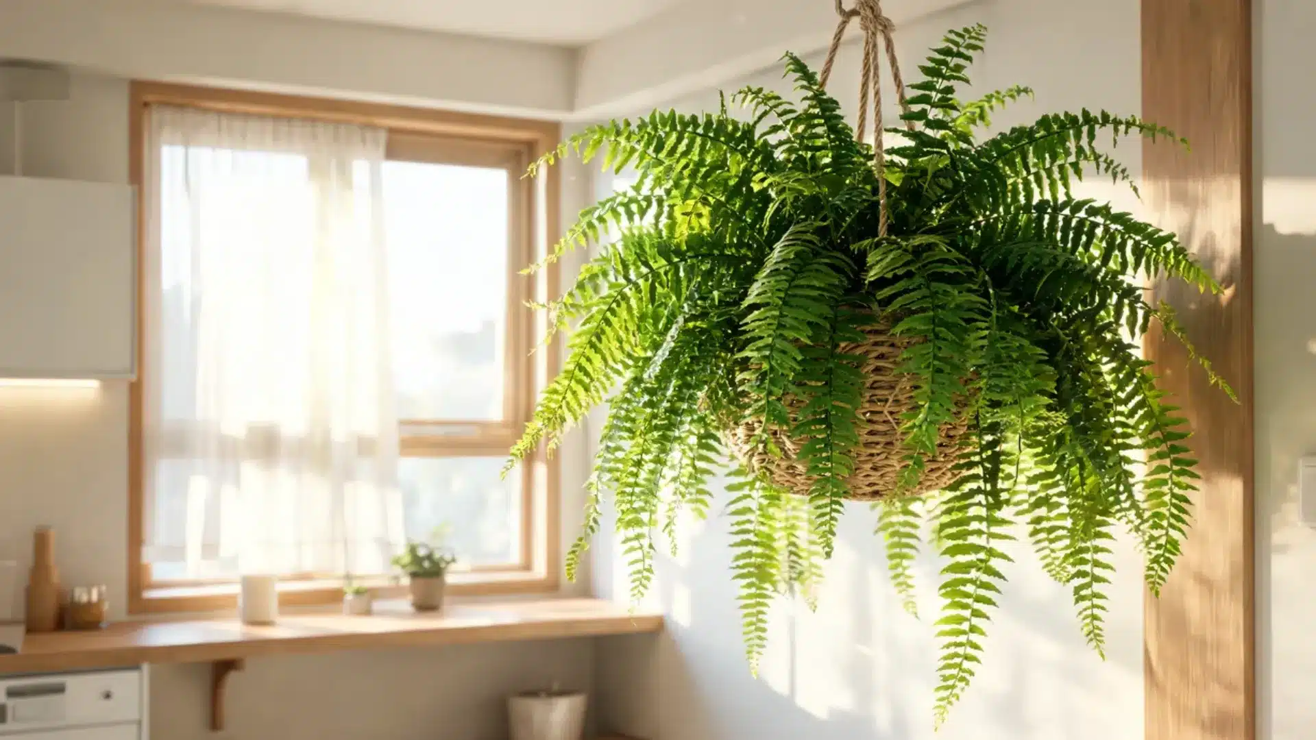 Boston fern hanging in a woven basket near a sunlit kitchen window with warm natural light