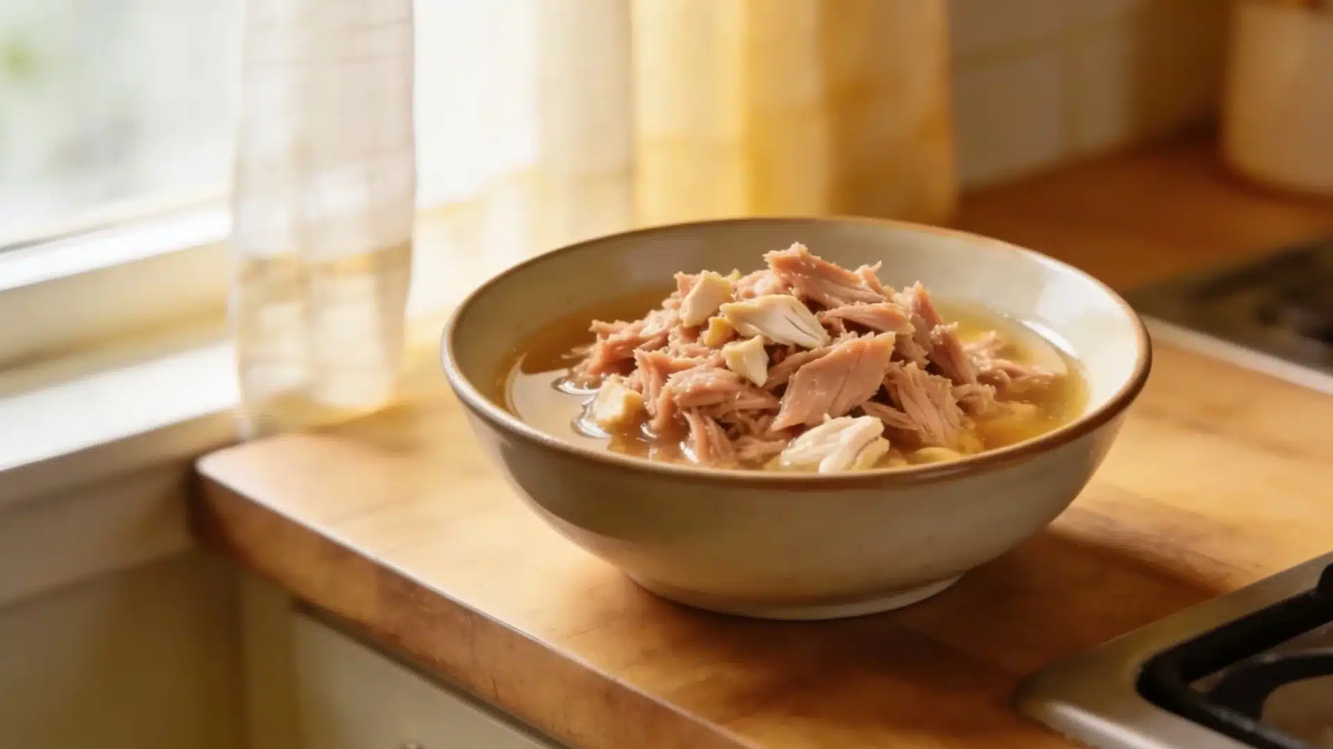 Bowl of flaked tuna in light broth on a wooden kitchen counter near a window in warm natural light