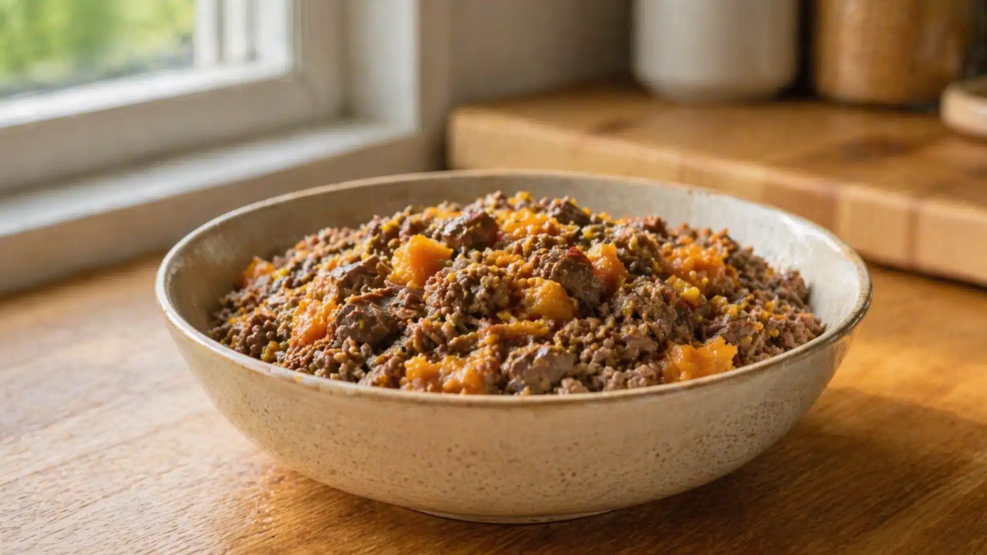 Bowl of ground beef mixed with chopped liver and pumpkin on a wooden counter in warm natural kitchen light