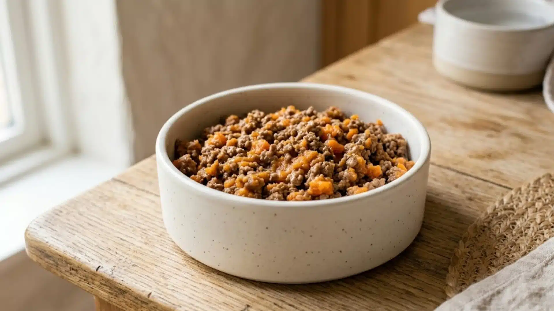Bowl of ground beef mixed with soft carrot pieces on a wooden table near a window in natural light