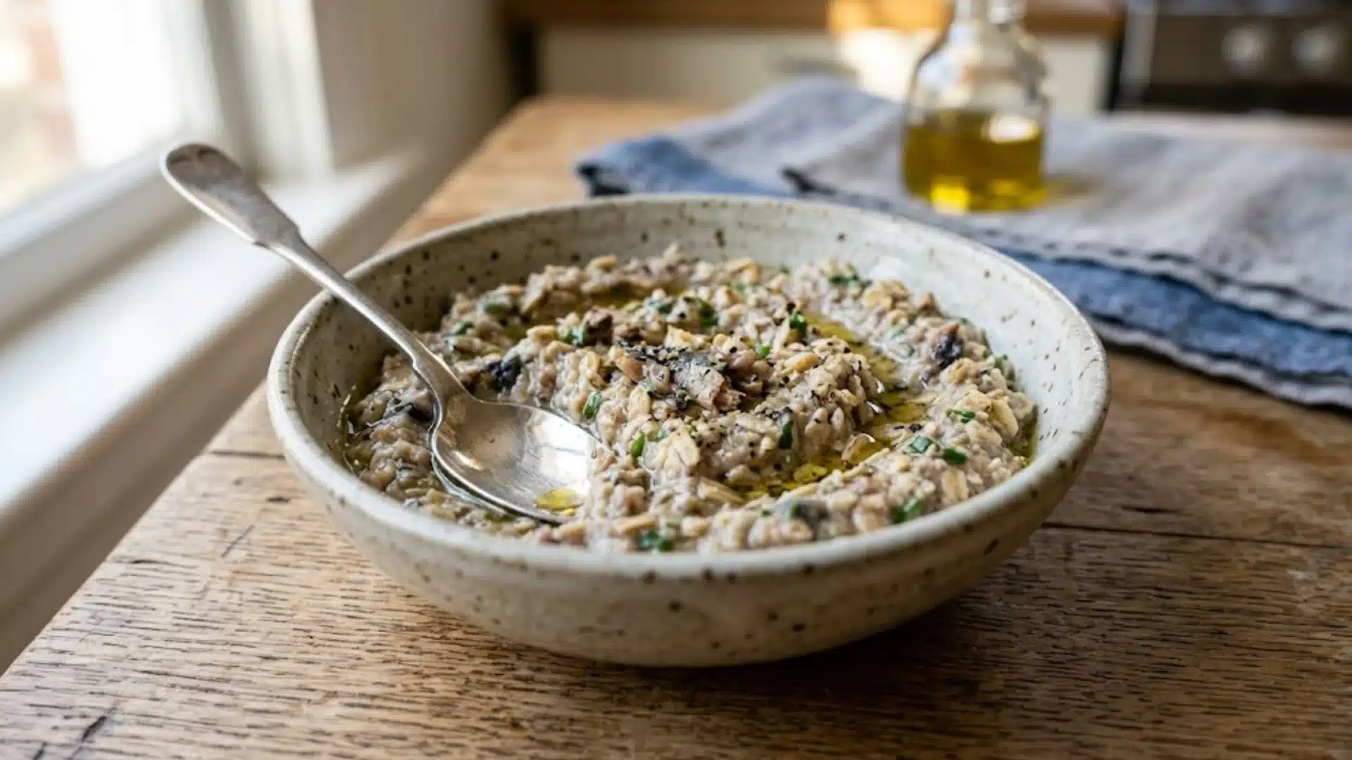 Bowl of mashed sardines mixed with oats and oil on a wooden table near a window in soft natural light