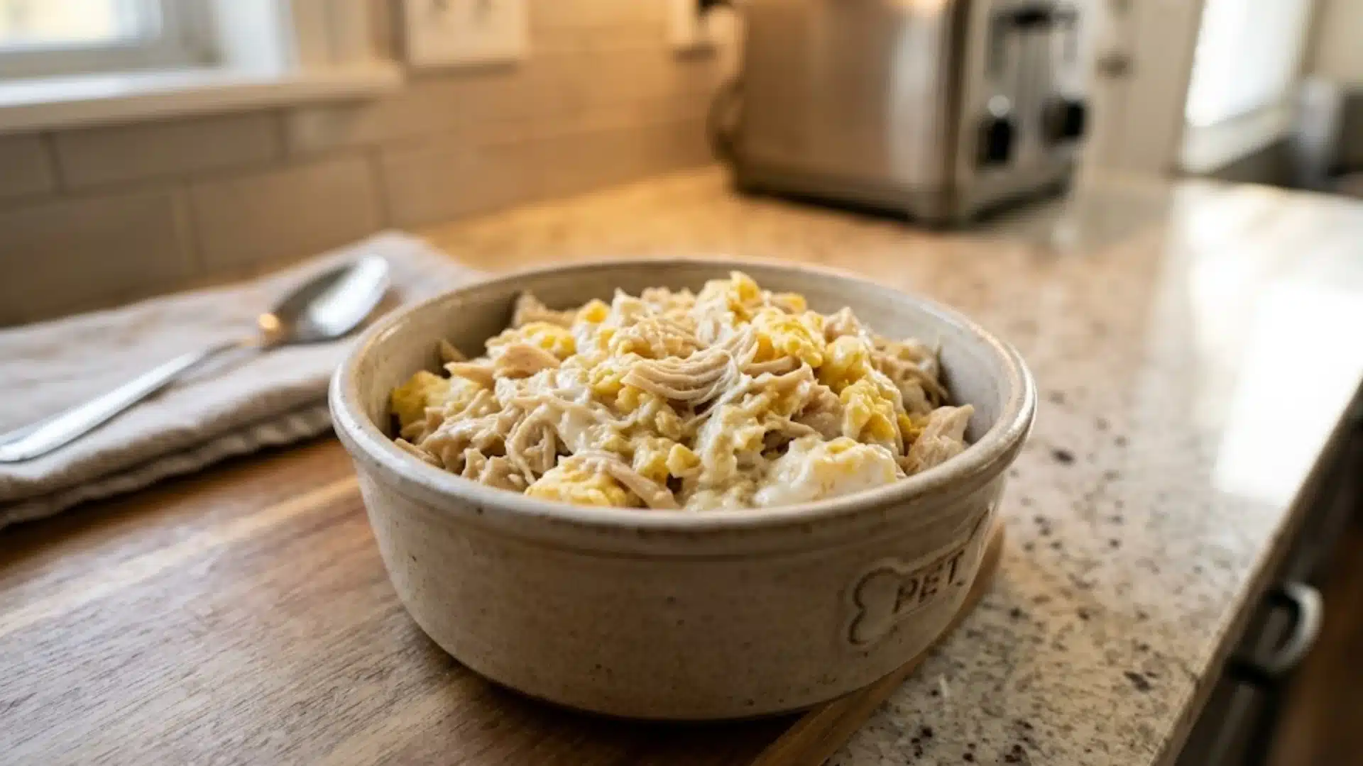 Bowl of shredded chicken mixed with scrambled eggs in a ceramic dish on a kitchen counter in warm natural light