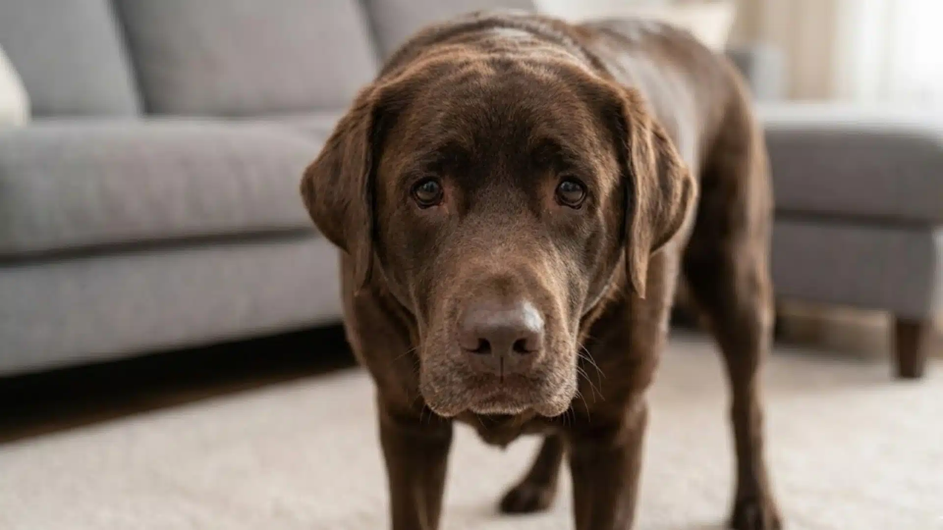 Brown Labrador dog standing indoors, looking forward with a calm expression in a living room setting