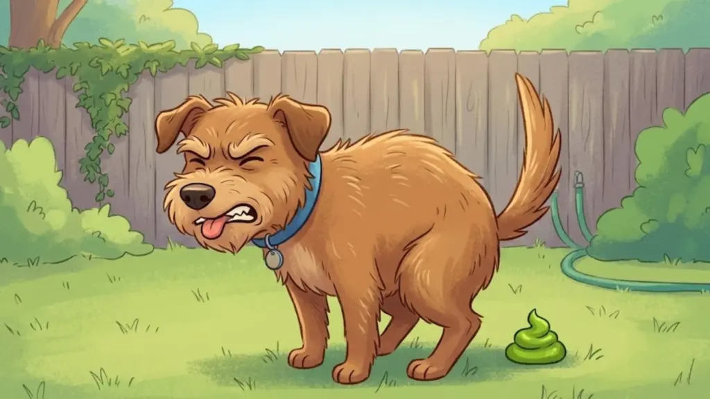 Cartoon dog struggling to poop green stool in backyard with uncomfortable expression and raised tail posture