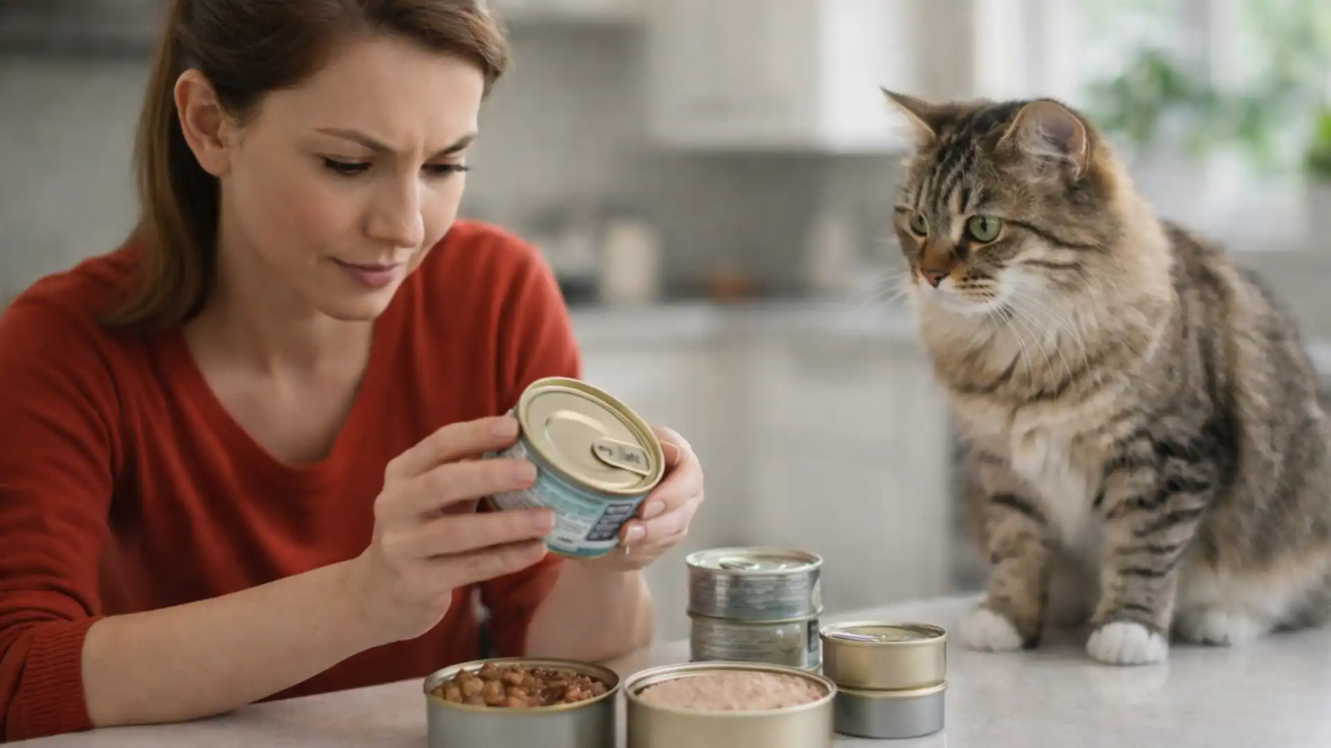 Cat owner checking wet food can label while a tabby cat watches on a clean kitchen counter