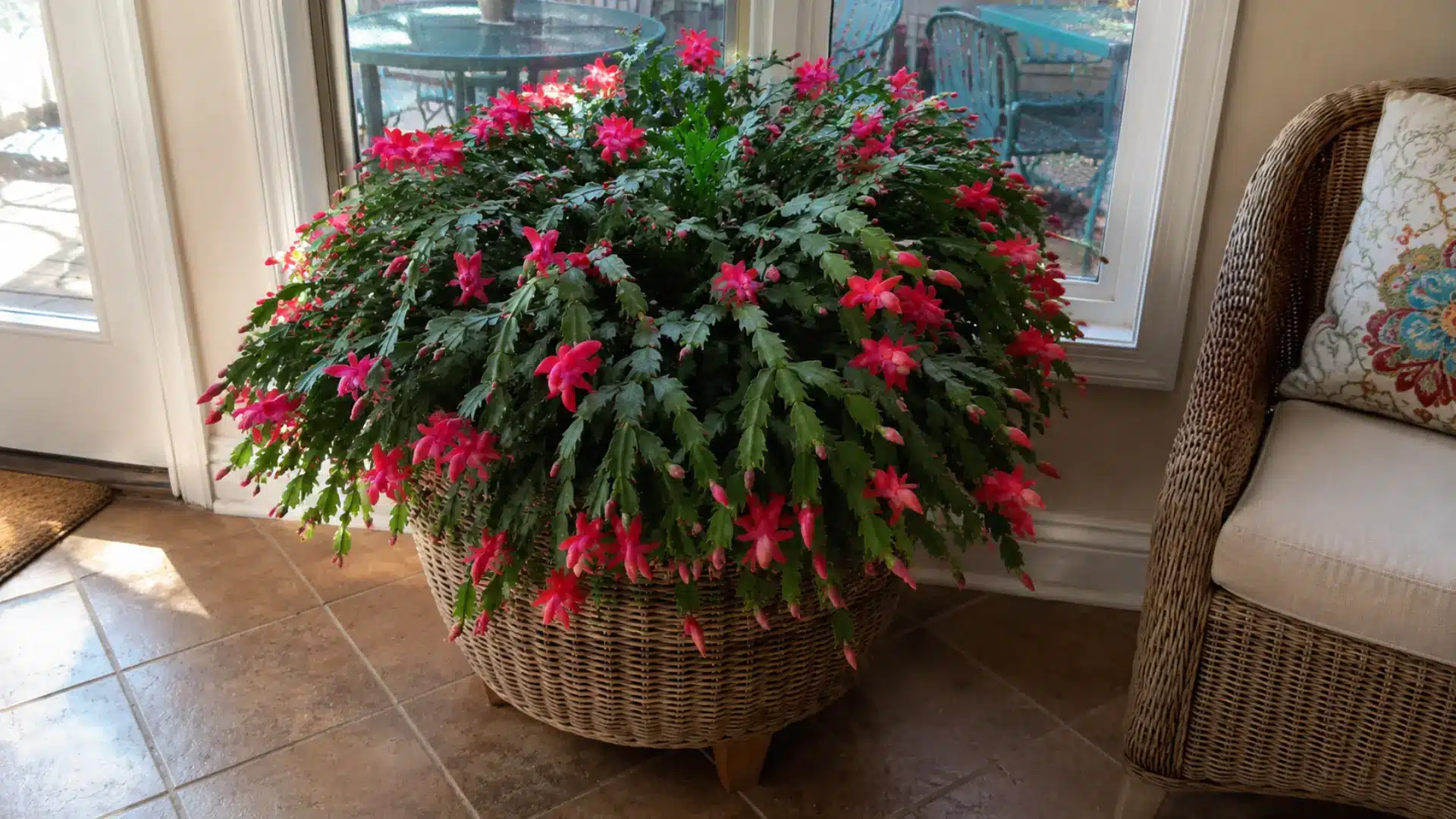 Christmas cactus with vibrant pink blooms in woven basket beside sunny living room window