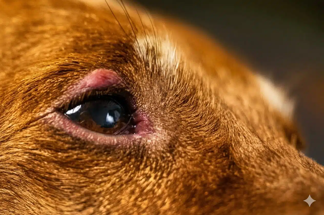 Close-up of a brown dog's eye with red, inflamed skin on the eyelid