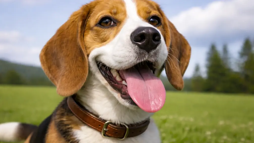 Close up of a happy Beagle dog with tongue out sitting in a green field under a bright blue sky with soft clouds