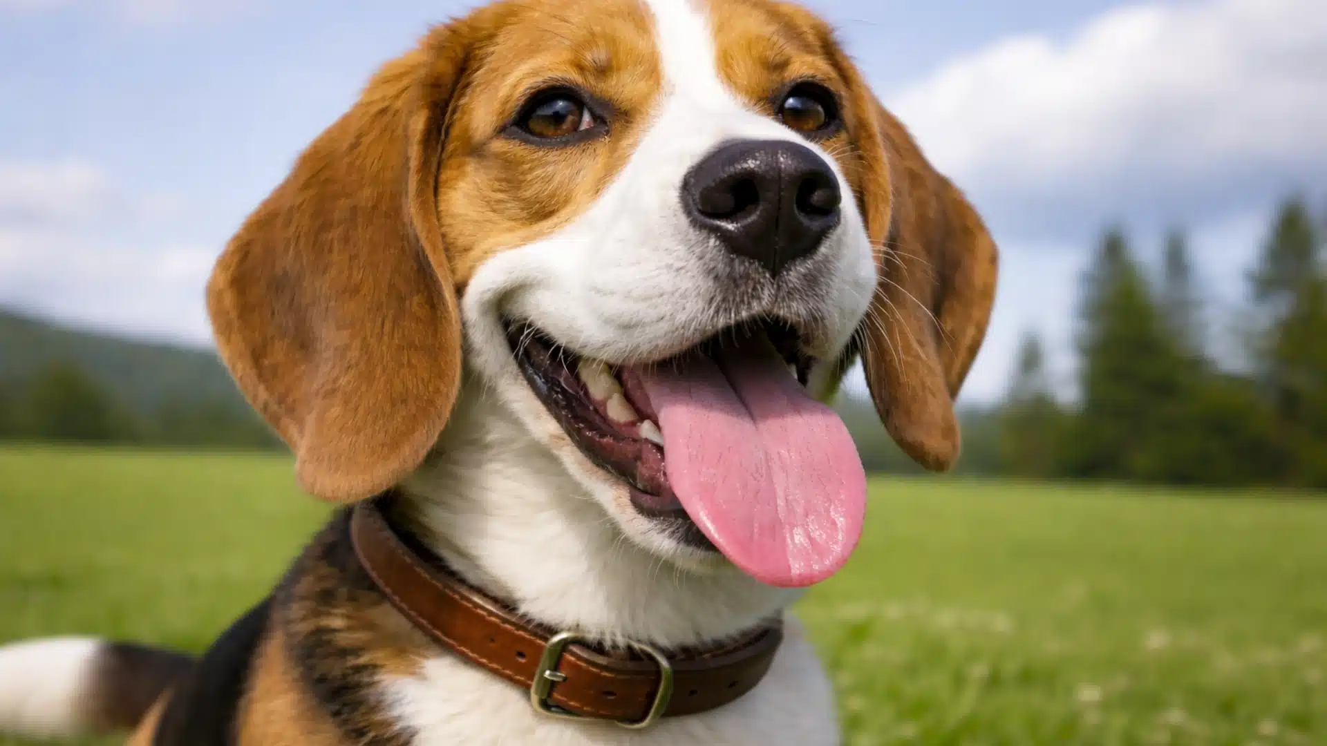 Close up of a happy Beagle dog with tongue out sitting in a green field under a bright blue sky with soft clouds