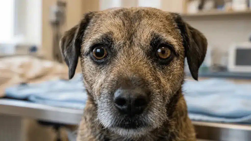 Close-up of a small dog’s eyes and face, highlighting alert expression and possible health concerns