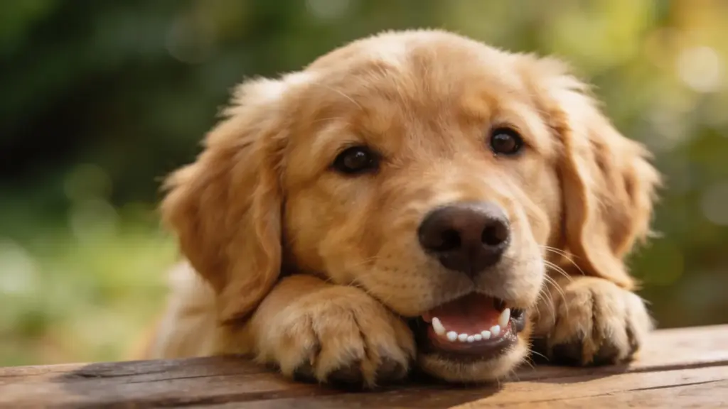 Close-up of golden retriever puppy with small teeth showing, resting paws on wooden surface outdoors
