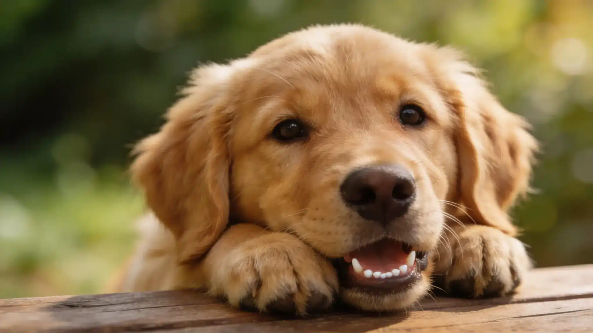 Close-up of golden retriever puppy with small teeth showing, resting paws on wooden surface outdoors