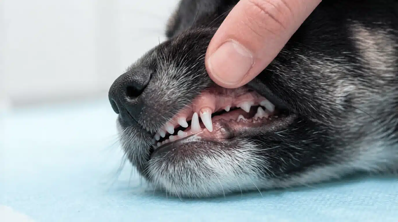 Close-up of puppy teeth with finger lifting lip, showing loose baby tooth during teething stage