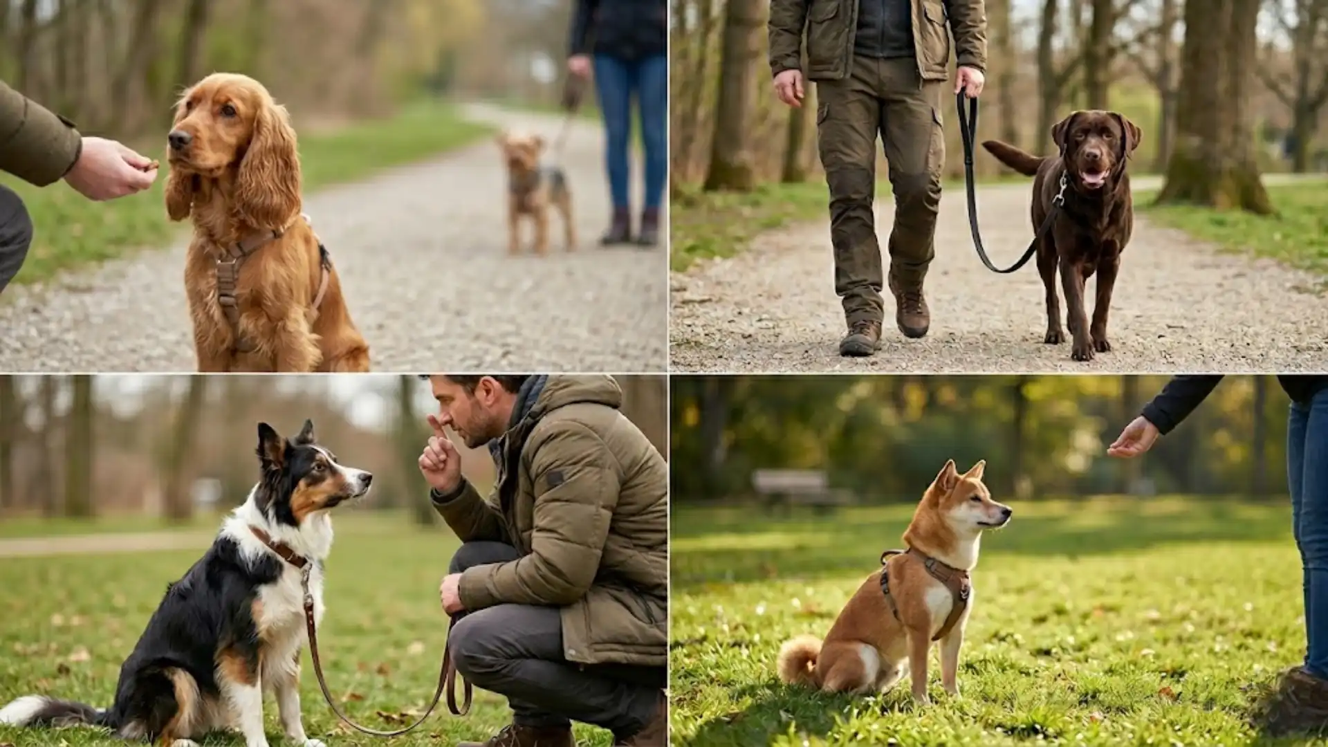 Collage of dog training moments showing treats, leash walking, commands, and calm behavior in outdoor settings