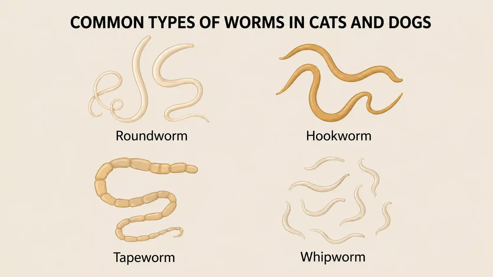 Common types of worms in cats and dogs, including roundworm, hookworm, tapeworm, and whipworm illustrations