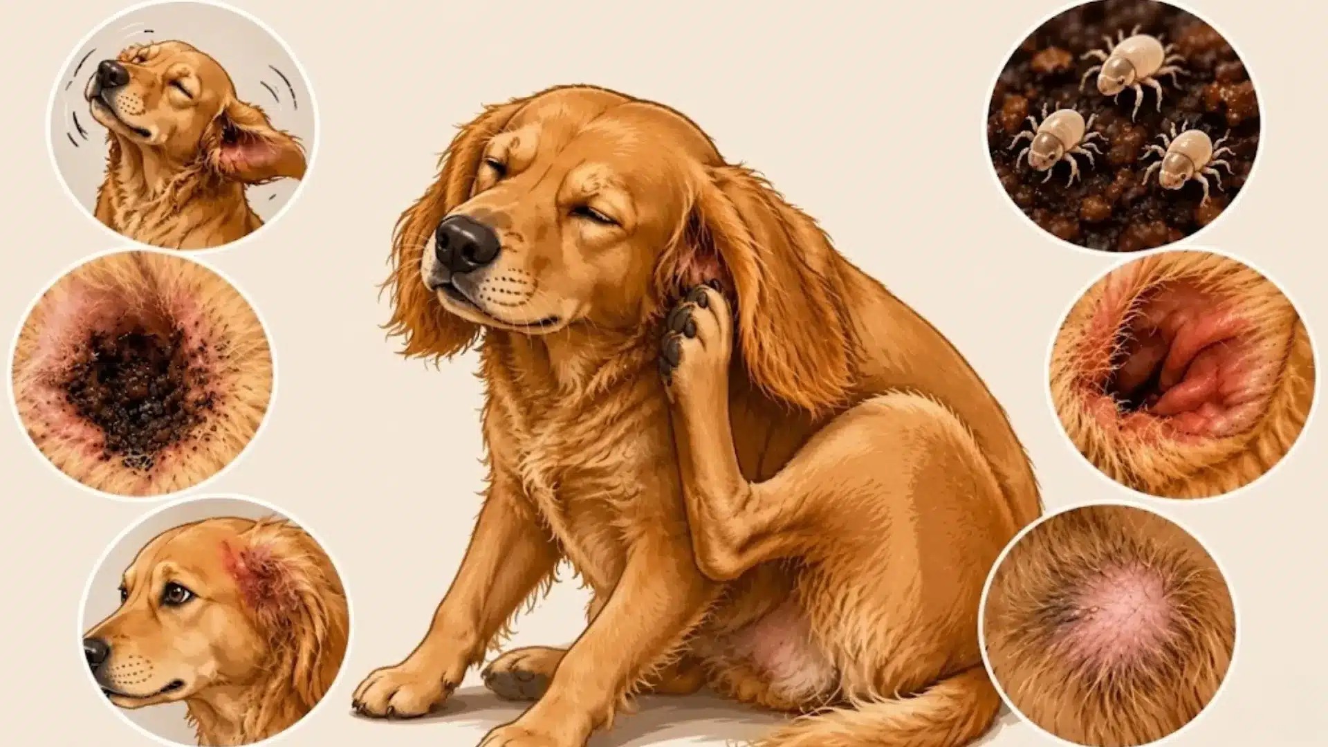 Diagram of a golden retriever scratching its ear, with inset circles showing ear mites, inflammation, and hair loss