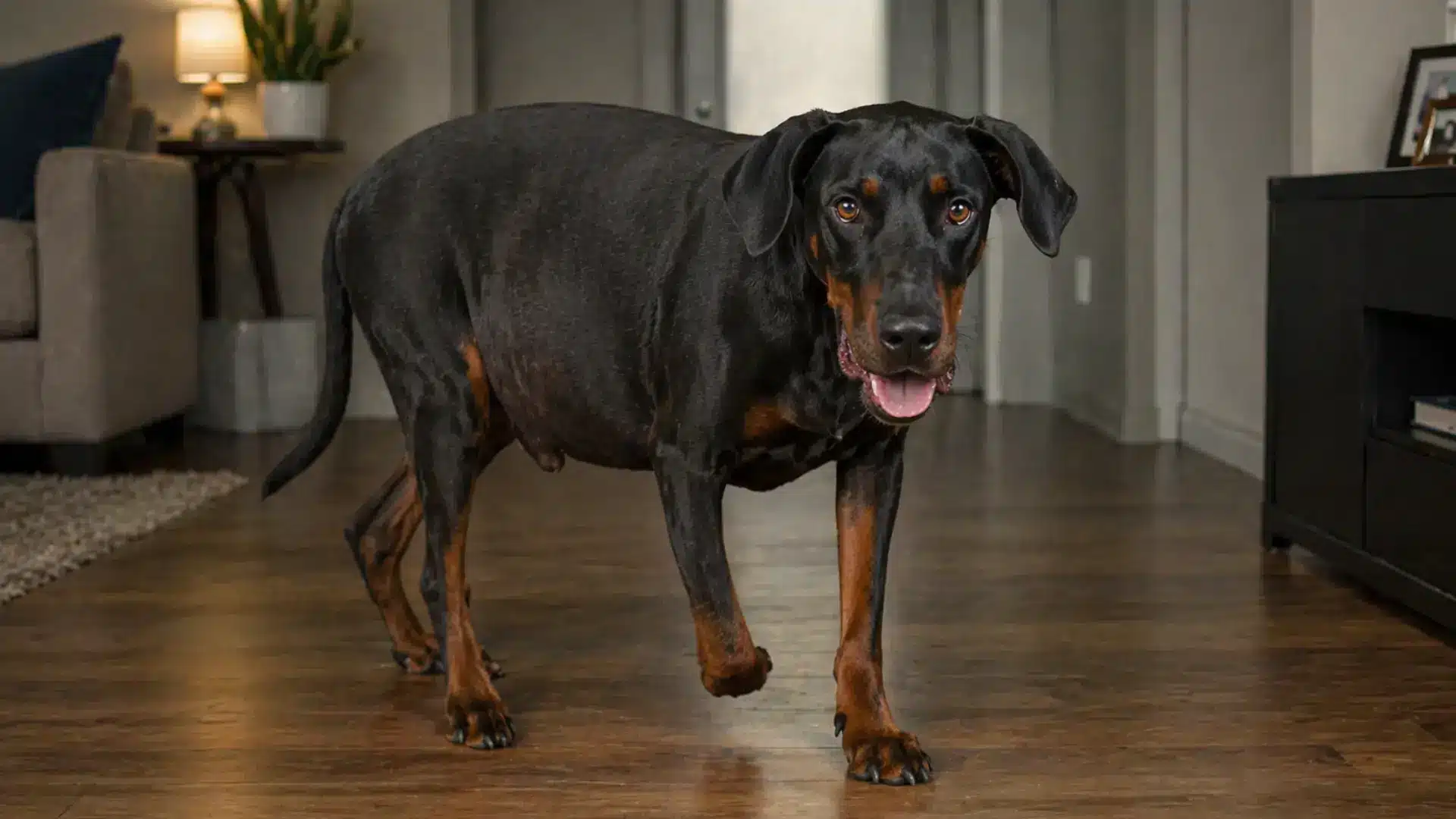Doberman with swollen abdomen standing indoors, showing signs of bloat in a home setting
