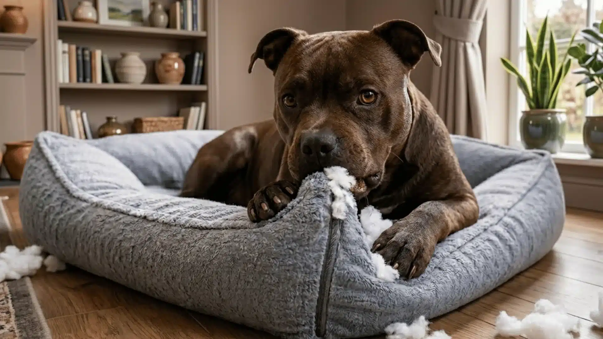 Dog chewing and tearing a soft gray pet bed indoors, stuffing visible, showing destructive chewing behavior