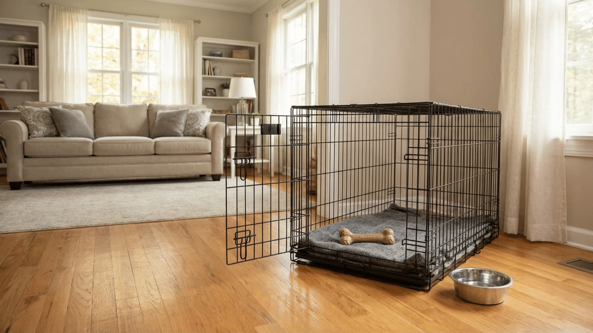 Dog crate setup with minimal bedding, chew toy, water bowl nearby, placed in a family living area