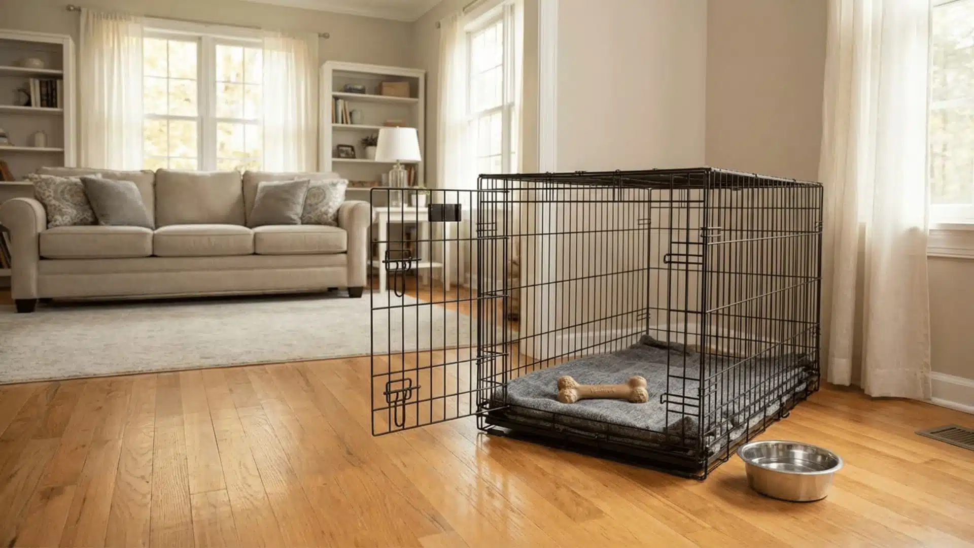 Dog crate setup with minimal bedding, chew toy, water bowl nearby, placed in a family living area