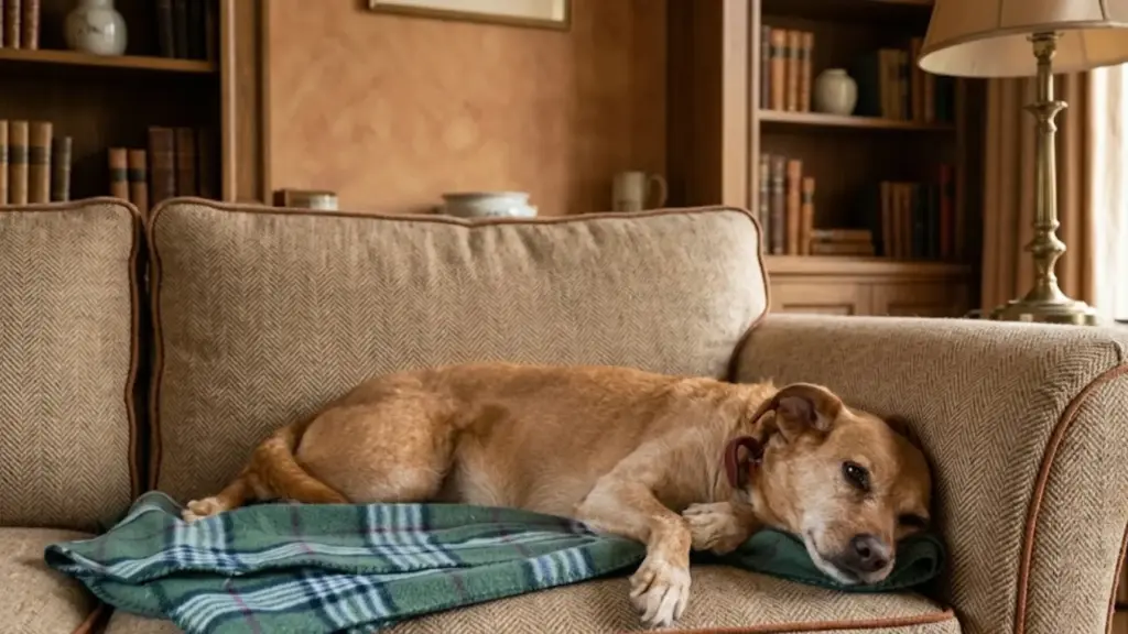 Dog resting on couch with blanket showing low energy and possible hip discomfort symptoms