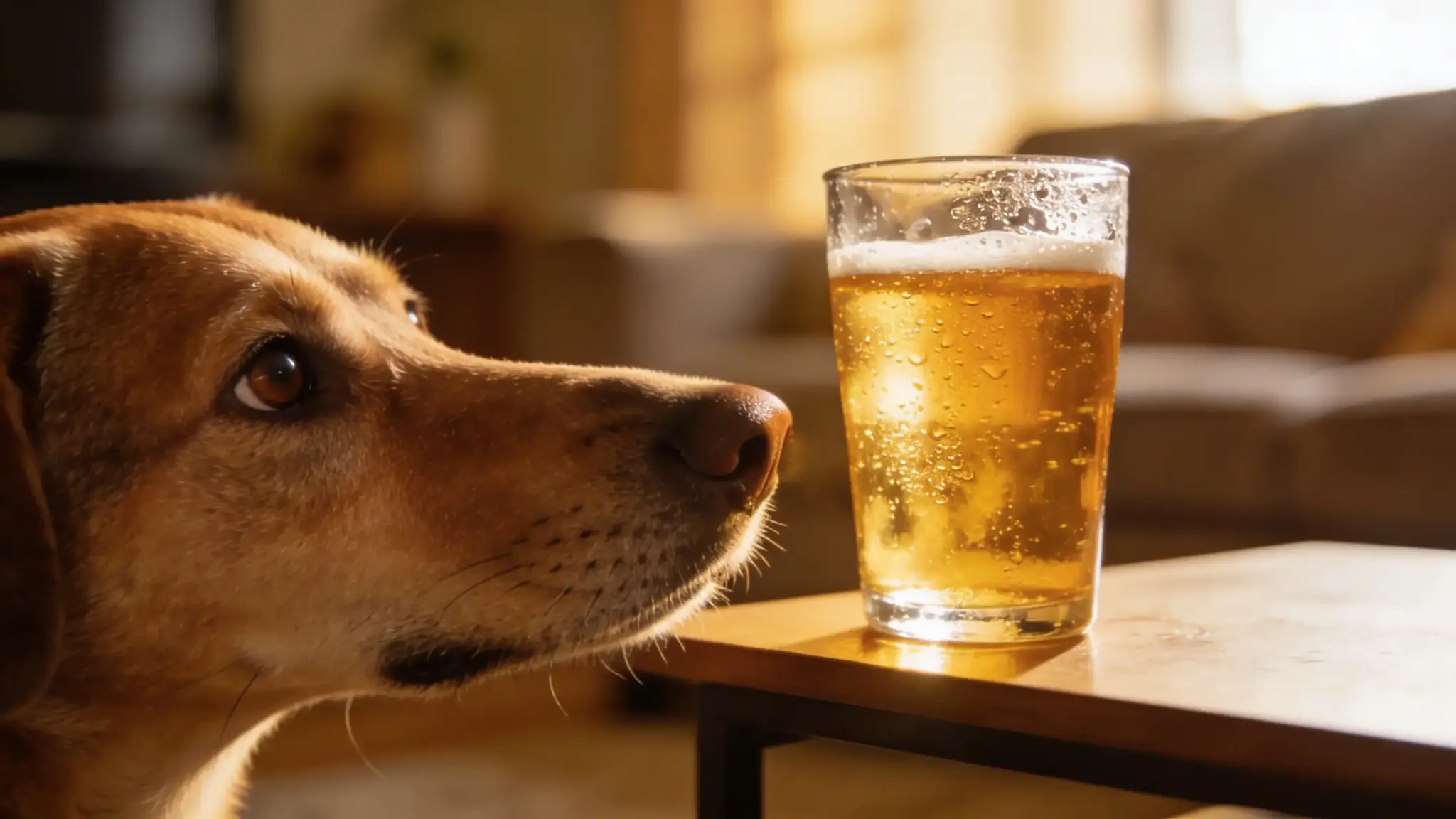 Dog sniffing a glass of beer on a coffee table, illustrating alcohol risk for dogs
