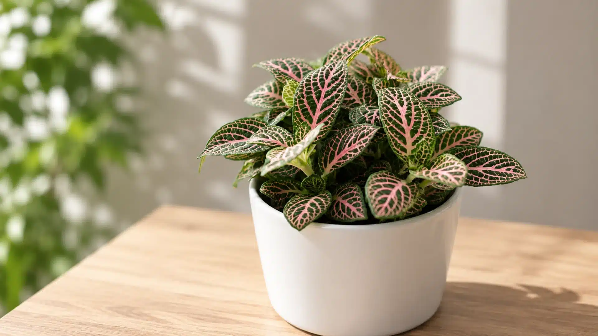 Fittonia plant with pink veined leaves in white pot on wooden table with soft indoor light