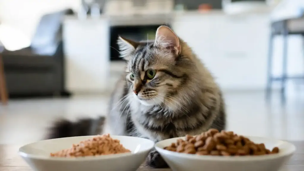 Fluffy tabby cat choosing between wet and dry food bowls on a kitchen table at home
