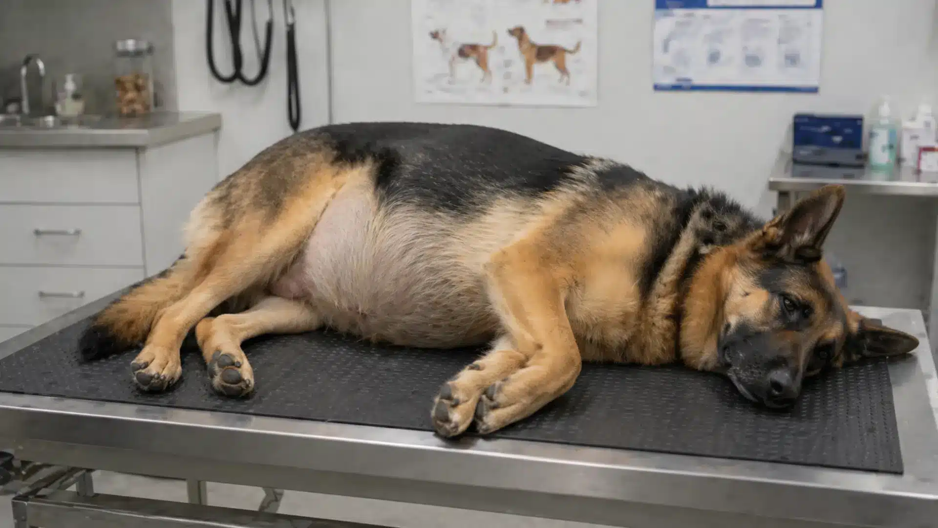 German Shepherd lying on vet exam table with swollen abdomen showing signs of bloat in clinic setting