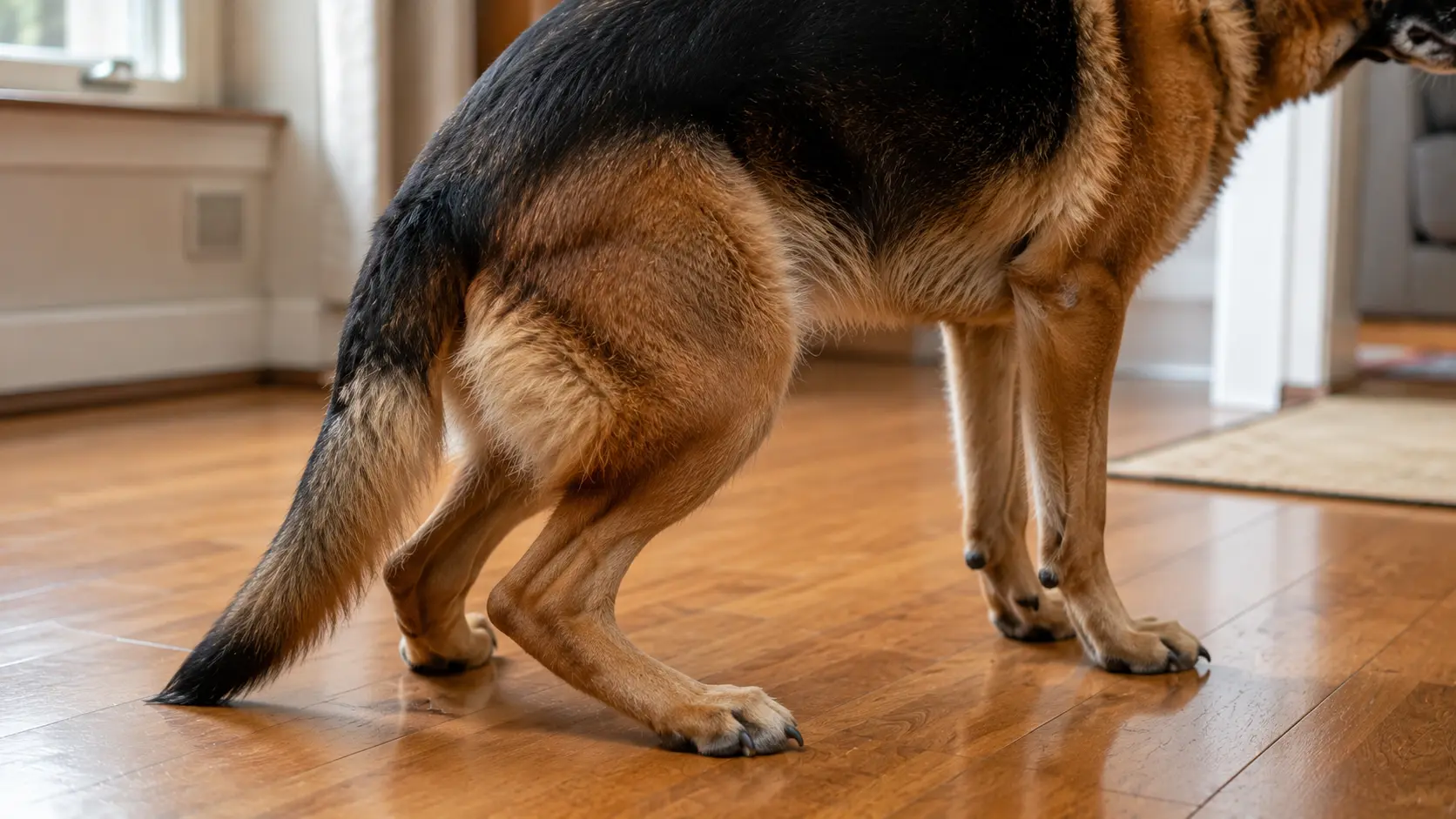 German Shepherd showing mild hind leg stiffness, an early sign of degenerative myelopathy or hip dysplasia