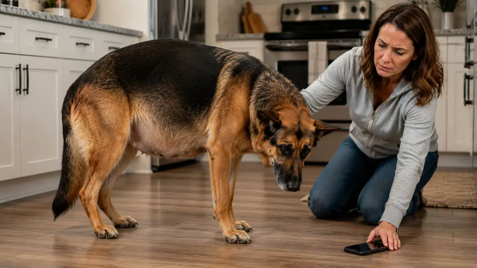 German Shepherd with distended belly showing GDV bloat symptoms, a life-threatening emergency in large dogs