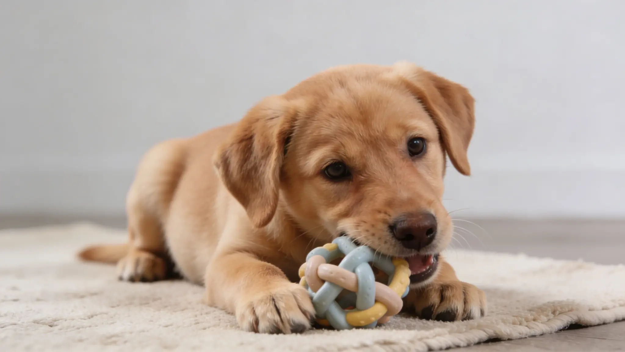 Golden puppy chewing a soft teething toy on a rug, showing early teething behavior in a calm indoor setting