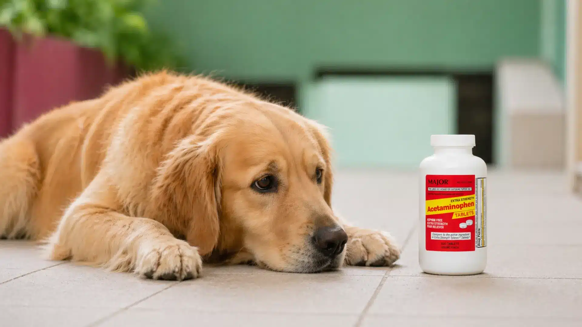 Golden retriever lying on floor looking at acetaminophen bottle placed nearby
