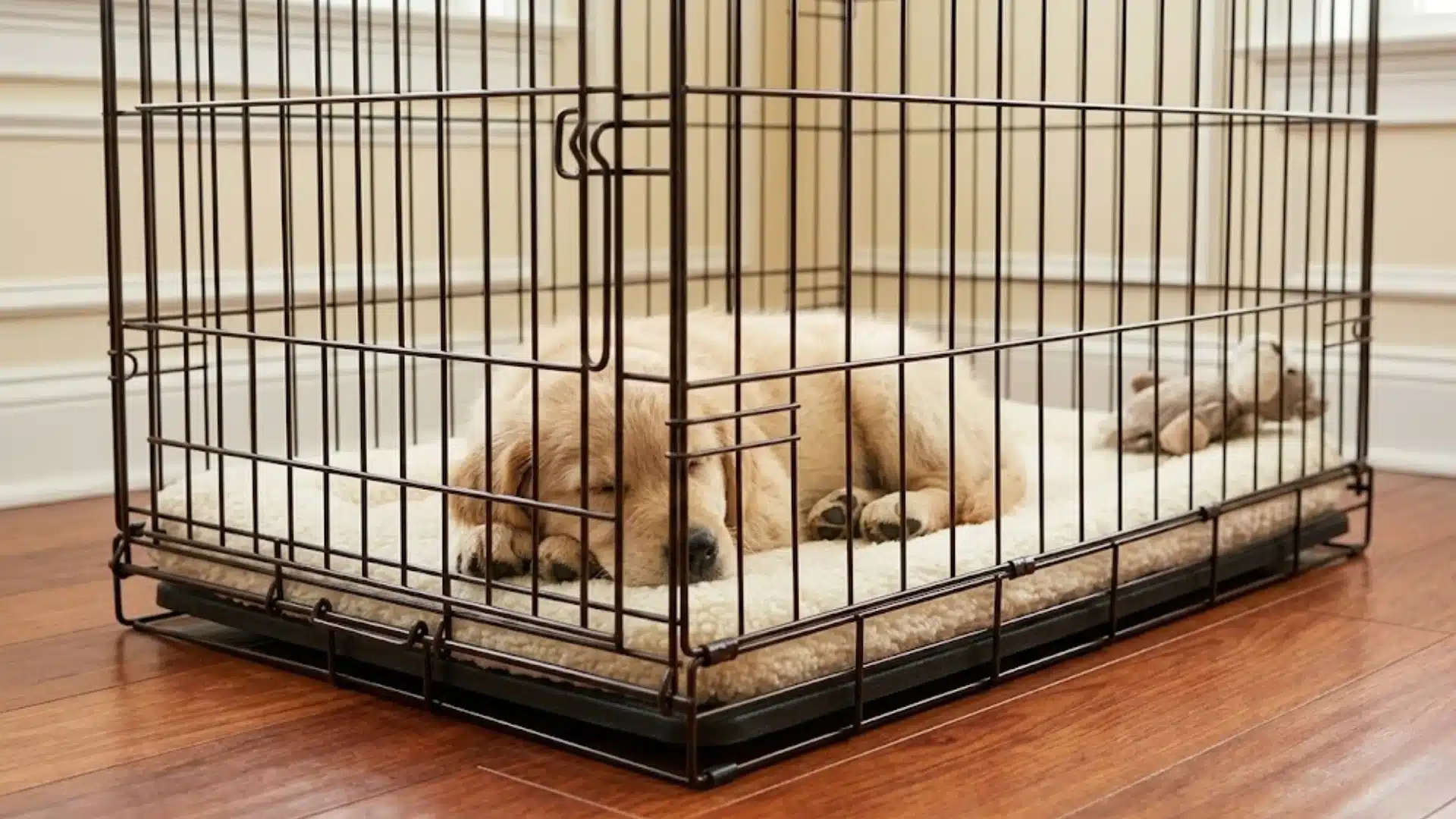 Golden retriever puppy sleeping calmly inside a crate with soft bedding placed on a wooden floor indoors