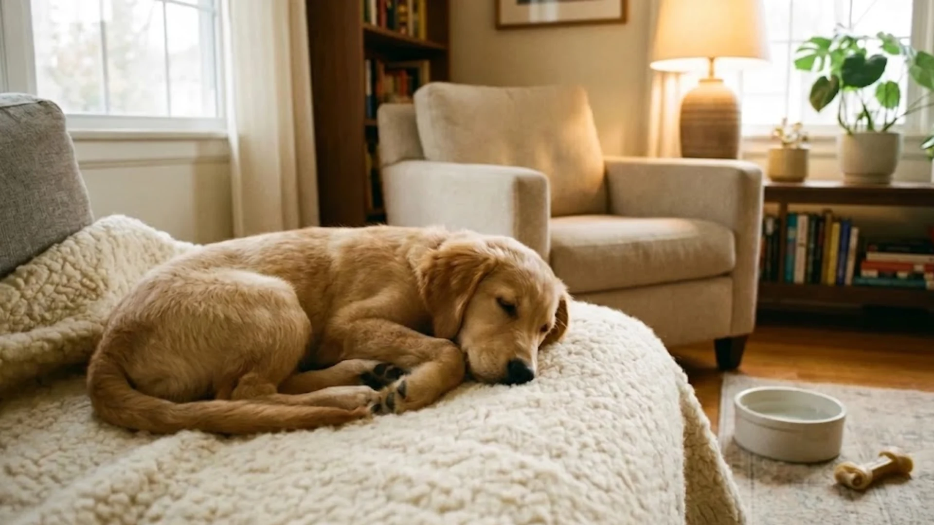 Golden retriever puppy sleeping on a cozy couch with blanket in a warm living room setting